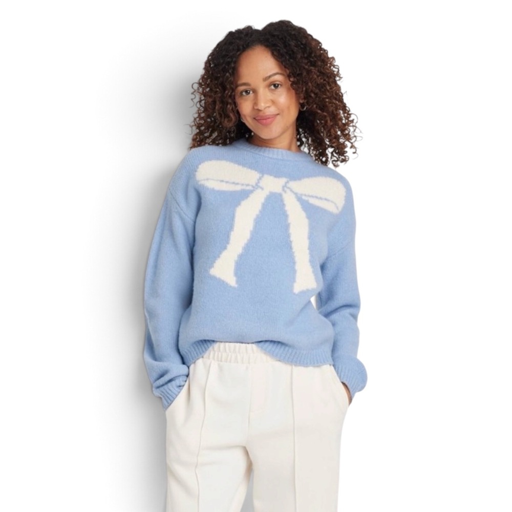 A New Day Blue Crewneck Sweater Bow Graphic Knit Light Blue Pullover Womens XL
